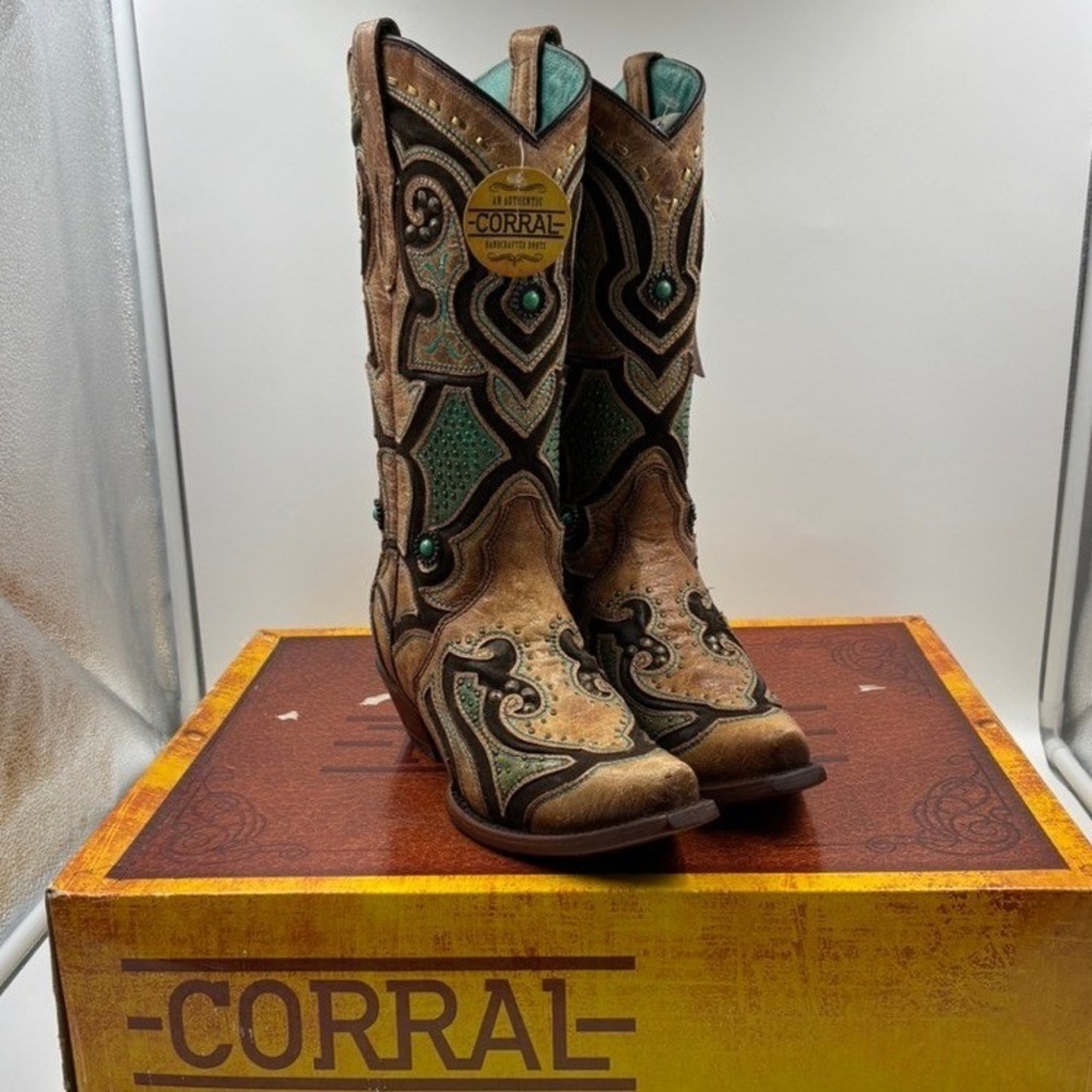 Corral Boots Women's Saddle Brown Teal Leather Inlay Western Snip Toe 6 M - Picture 2 of 16